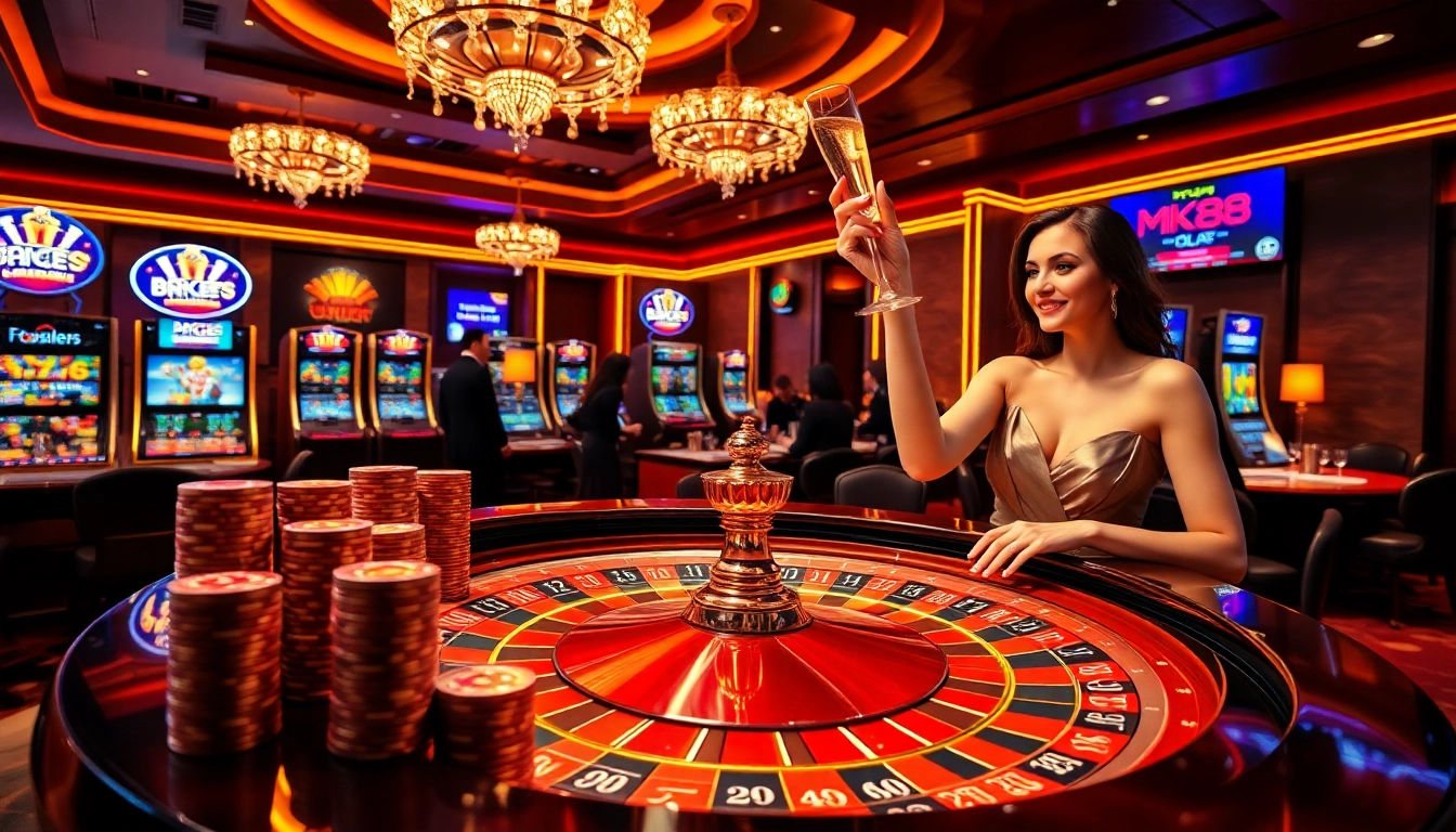 Winners celebrate at a luxury casino experience, showcasing https://mk8th.net/ with roulette and poker.