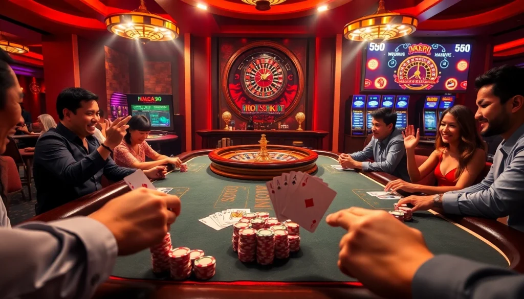 Naga99 gaming table featuring exciting gameplay and colorful poker chips in an upscale casino.