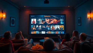 Excited viewers enjoying rebahin film in a cozy home theater.