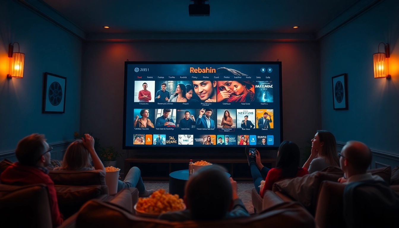 Excited viewers enjoying rebahin film in a cozy home theater.