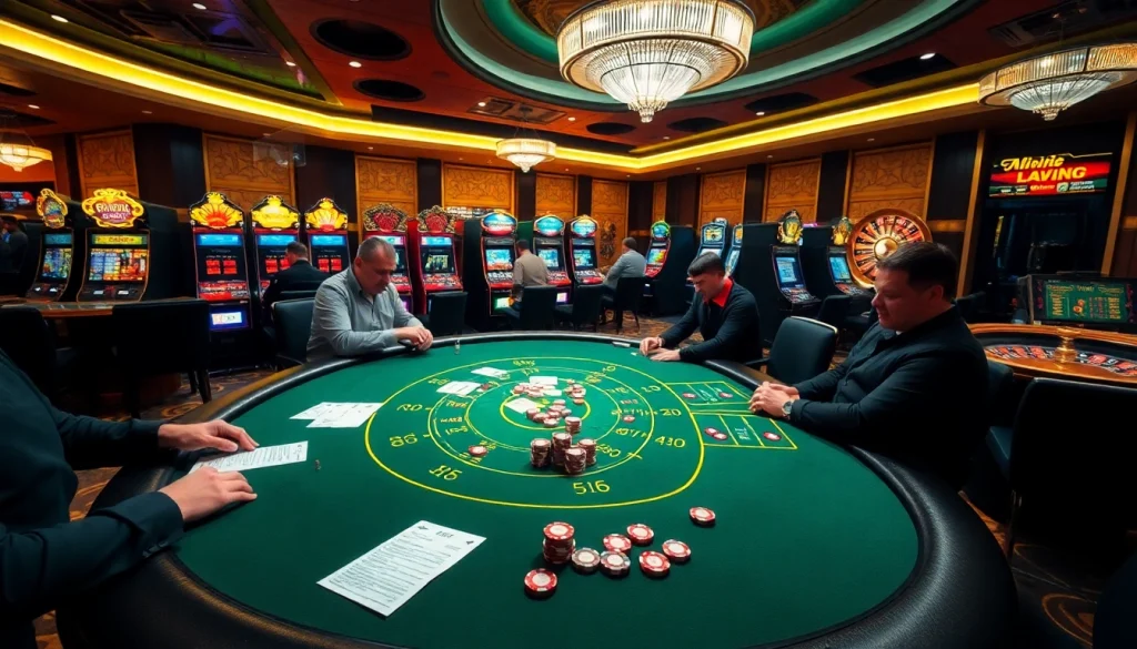 Engaging scene of UK88 nhà cái uy tín with players at a poker table and vibrant slot machines.