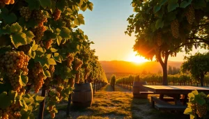 A scenic view of wineries in Clarksburg with lush vineyards under a golden sunset.