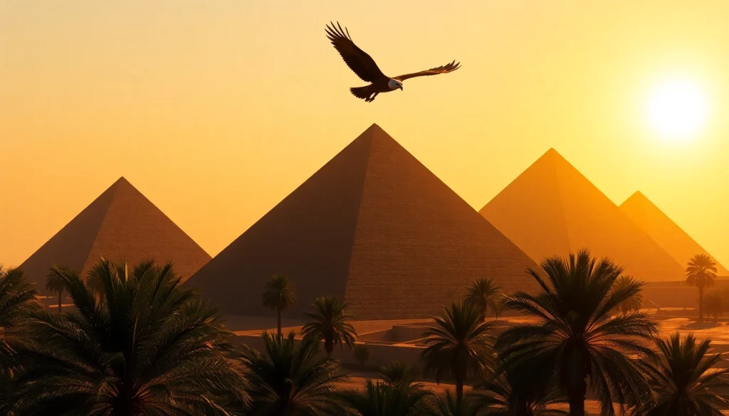 Experience the grandeur of piraminds against a vibrant sunset backdrop, highlighting their majestic forms.