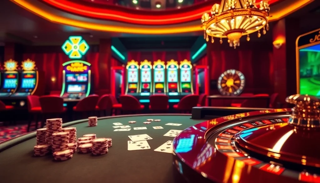 Trải nghiệm sự phấn khích của LUCK8 với không gian casino sang trọng, có chip poker và bánh xe roulette.