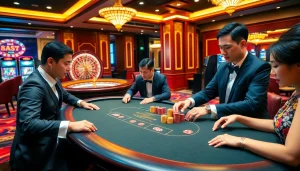 Experience the thrill at Nhà cái Haywin with players at a luxurious poker table.