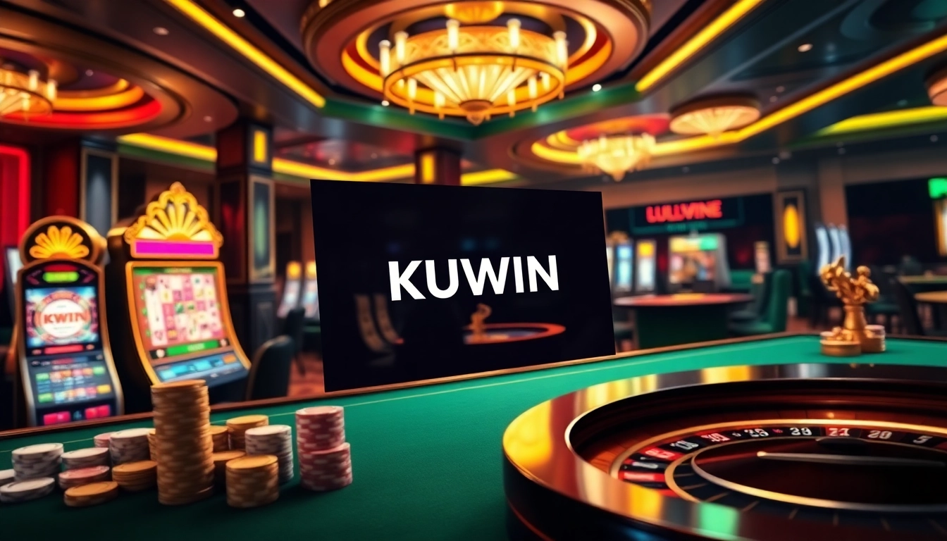 Kuwin casino scene showcasing vibrant poker chips and roulette wheels for thrilling gameplay.