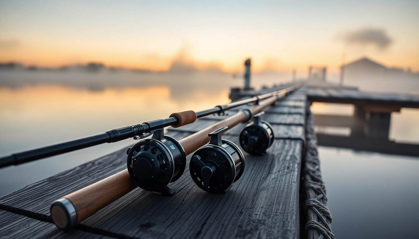 Showcase of Best fly fishing rods on a scenic pier, highlighting their quality and craftsmanship.