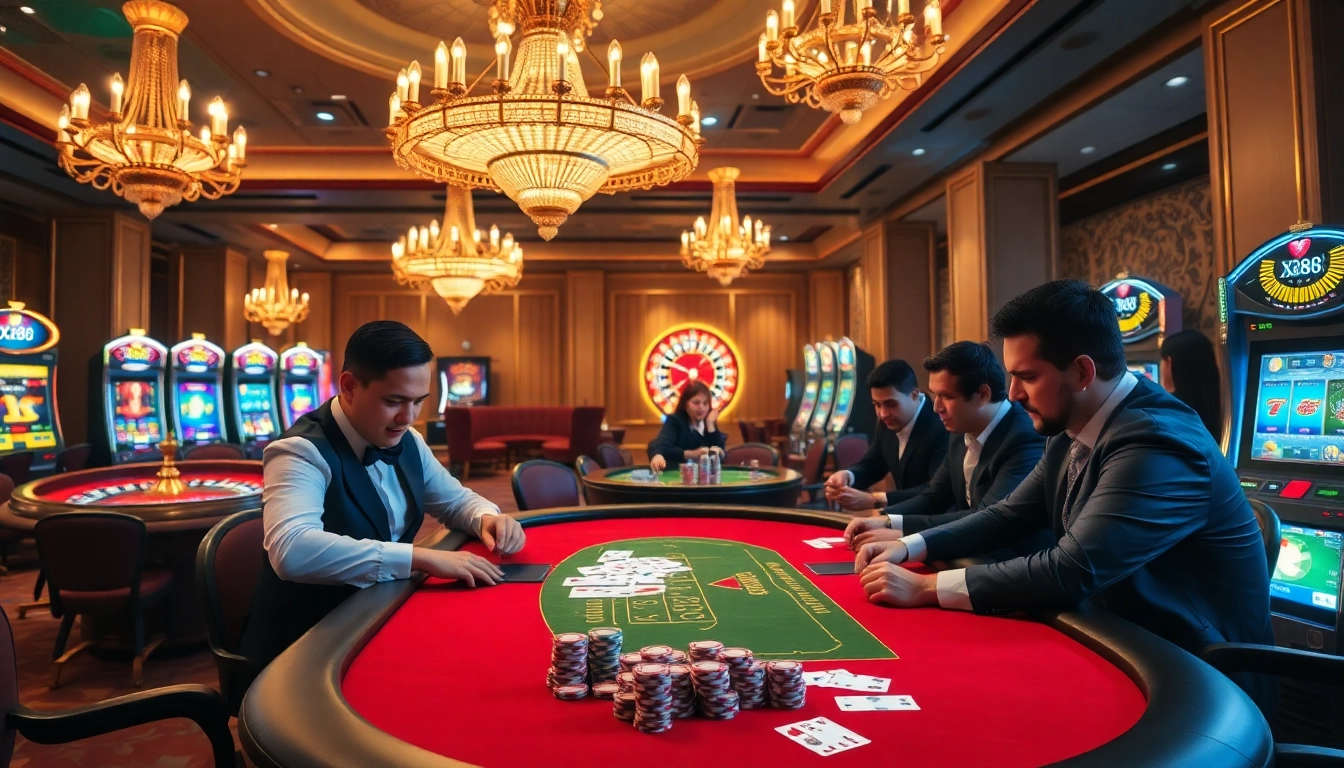 Players engaging in an exciting poker game at a luxurious xx88 casino table.