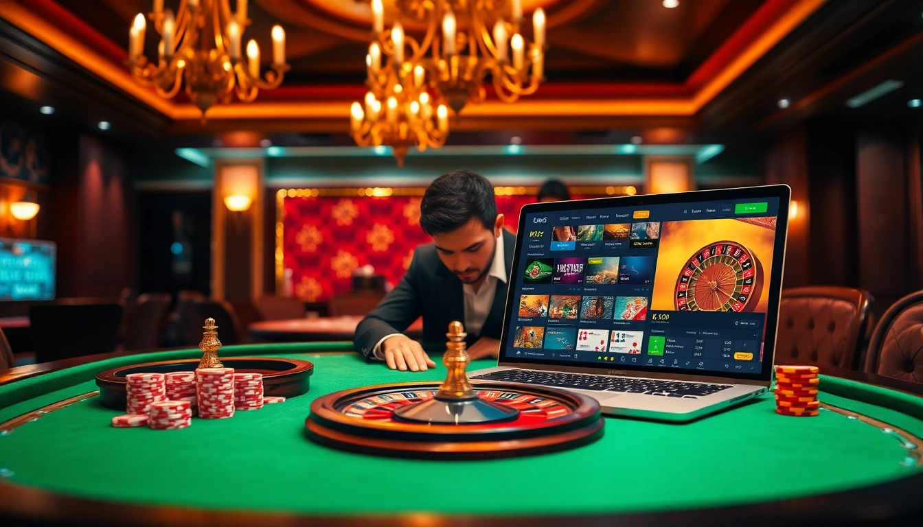 A high-stakes player experiencing thrilling online gambling at https://kjc.football/, featuring vibrant casino tables, chips, and a roulette wheel.