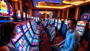 Pemain menikmati kemenangan mendebarkan di mesin slot pulsa mewah dalam suasana kasino yang hidup.