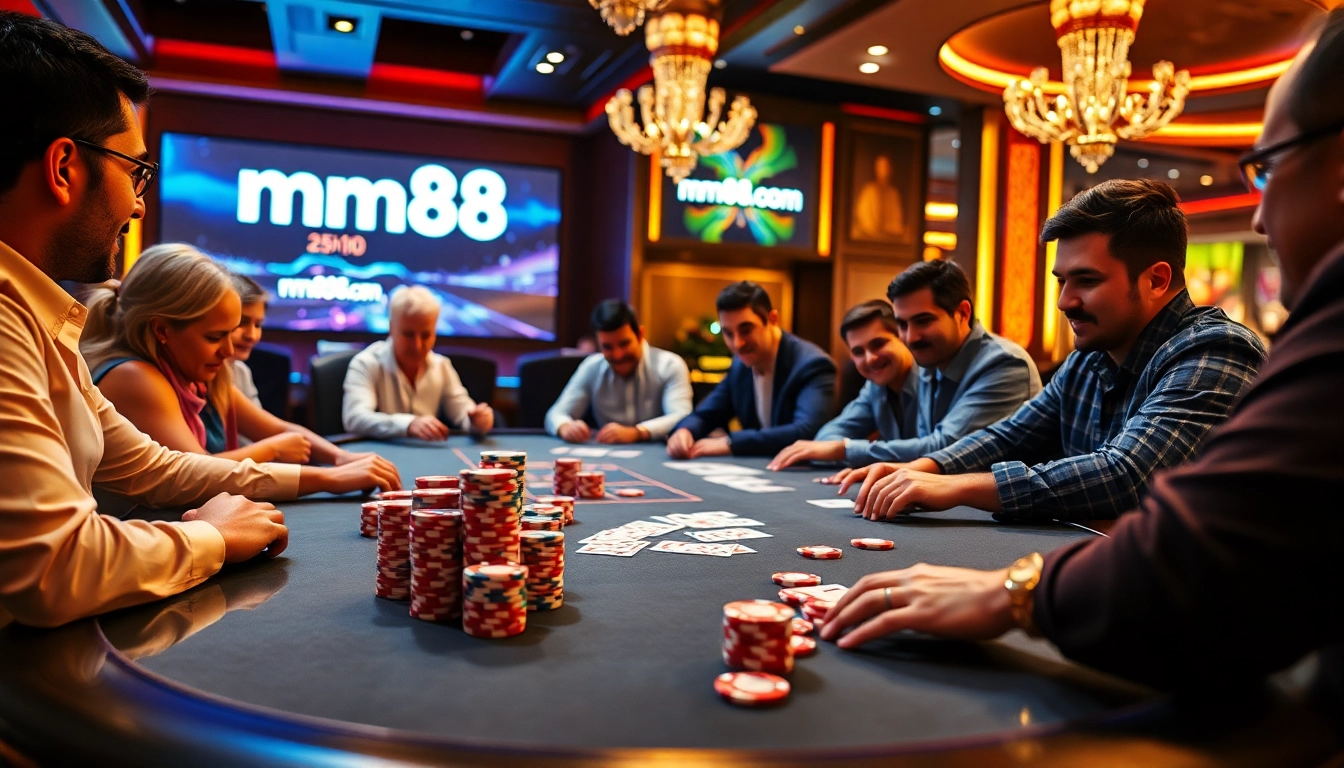 Experience high-stakes poker at mm88.com with vibrant chips and cards in action.