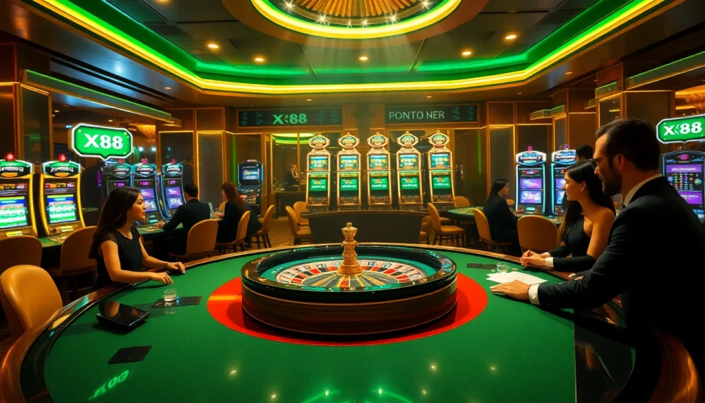 X88 brand showcased in a luxurious casino setting with roulette wheel and poker tables.