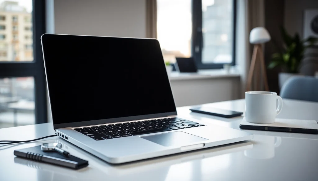 Visualizar MacBook Pro 16 pulgadas en un entorno minimalista con luz natural.