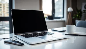 Visualizar MacBook Pro 16 pulgadas en un entorno minimalista con luz natural.