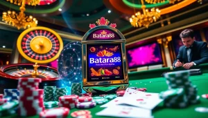 Experience the thrill of Batara88 with vibrant casino slot machines and colorful poker chips.