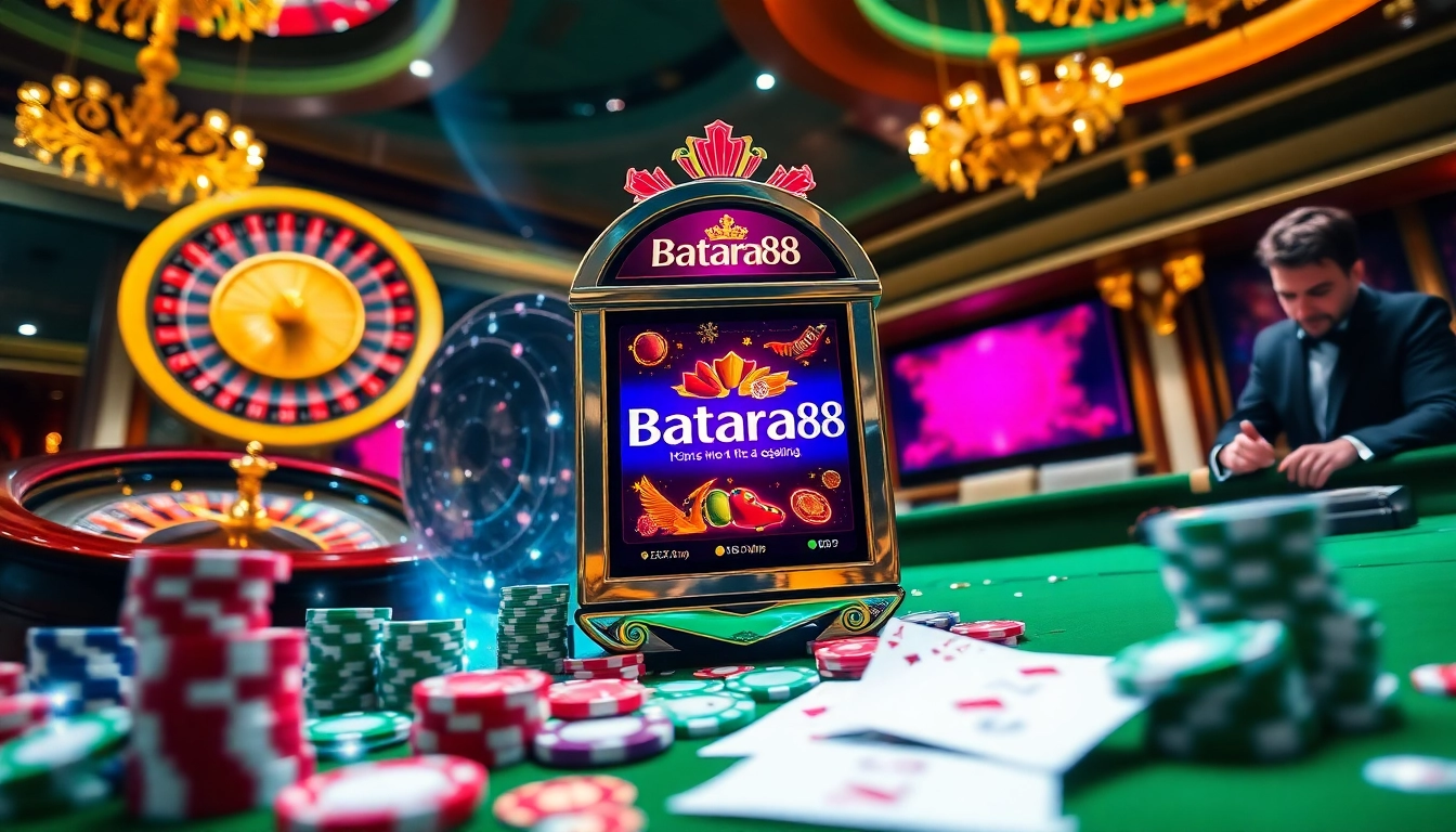 Experience the thrill of Batara88 with vibrant casino slot machines and colorful poker chips.
