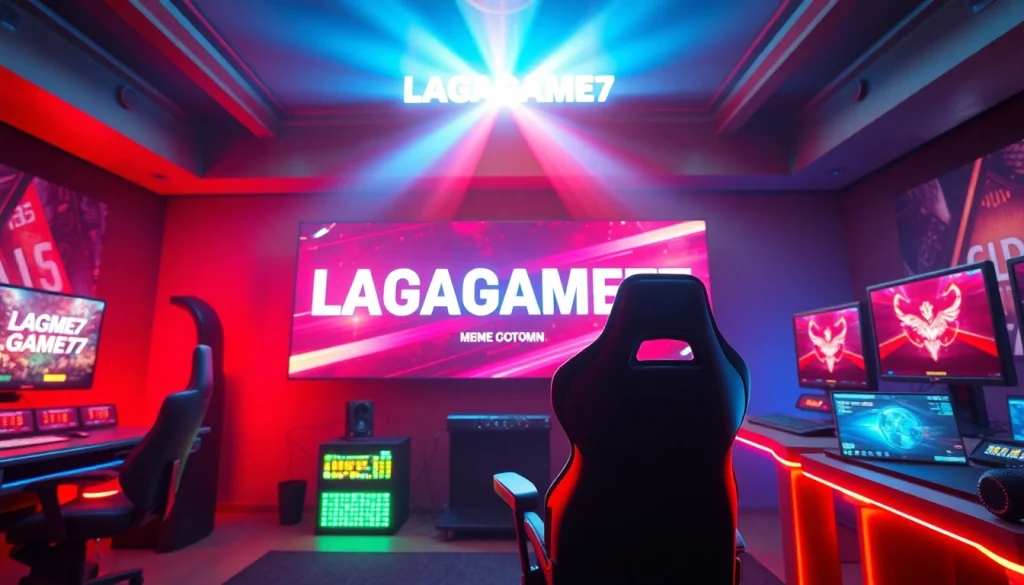 LAGAGAME77 online gaming setup with vibrant colors and dramatic lighting.
