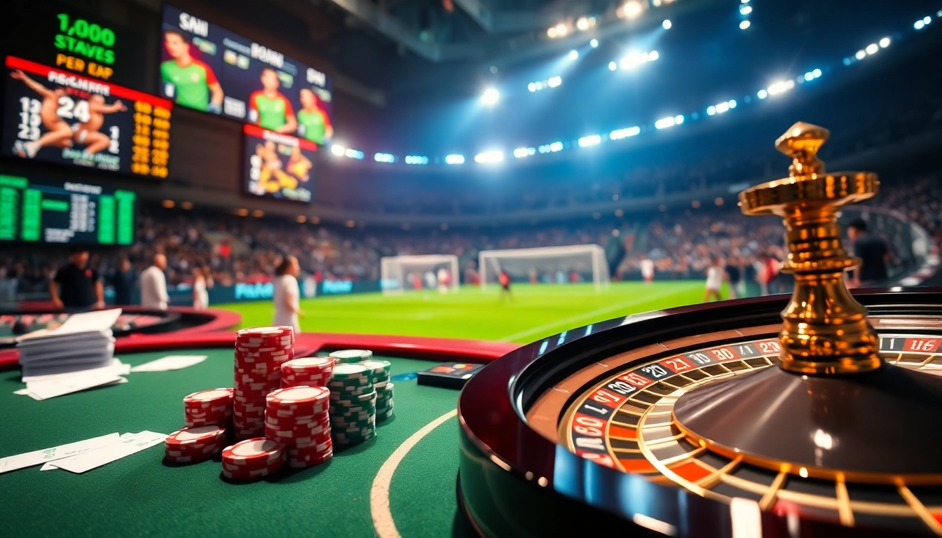 Experience แทงบอลโลก betting excitement with dynamic visuals featuring casino tables and sports betting action.