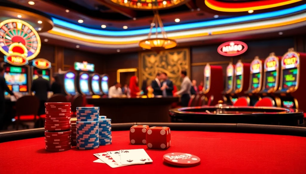 MM88 casino scene showcasing vibrant gambling action at poker tables and slot machines
