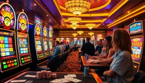 Experience the thrill of SLOT machines lighting up a lively casino scene with players engaging in gameplay.