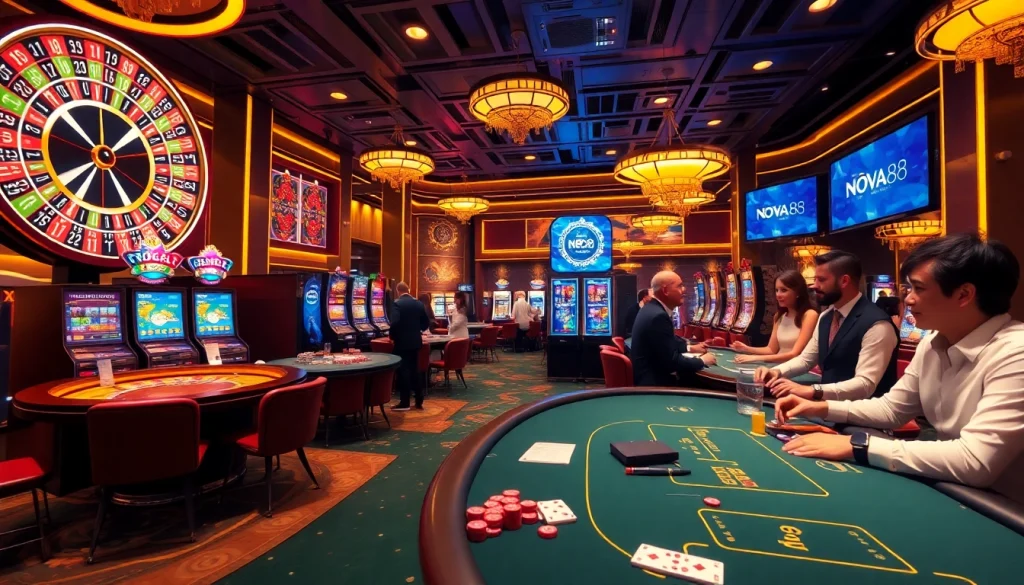 Players enjoying the excitement of gambling at Nova88 casino with roulette and slot machines.