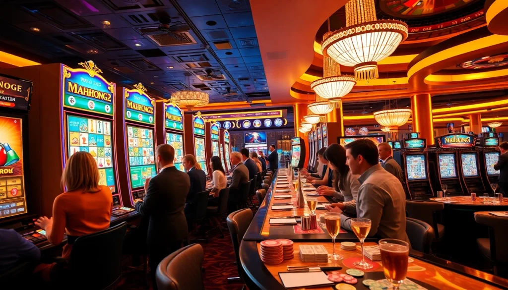 Experience the thrilling action of Mahjong Ways 2 as players engage with vibrant slot machines in a bustling casino setting.