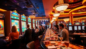 Experience the thrilling action of Mahjong Ways 2 as players engage with vibrant slot machines in a bustling casino setting.