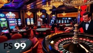 Experience the excitement of PS 99 with vibrant casino gaming tables and slot machines.