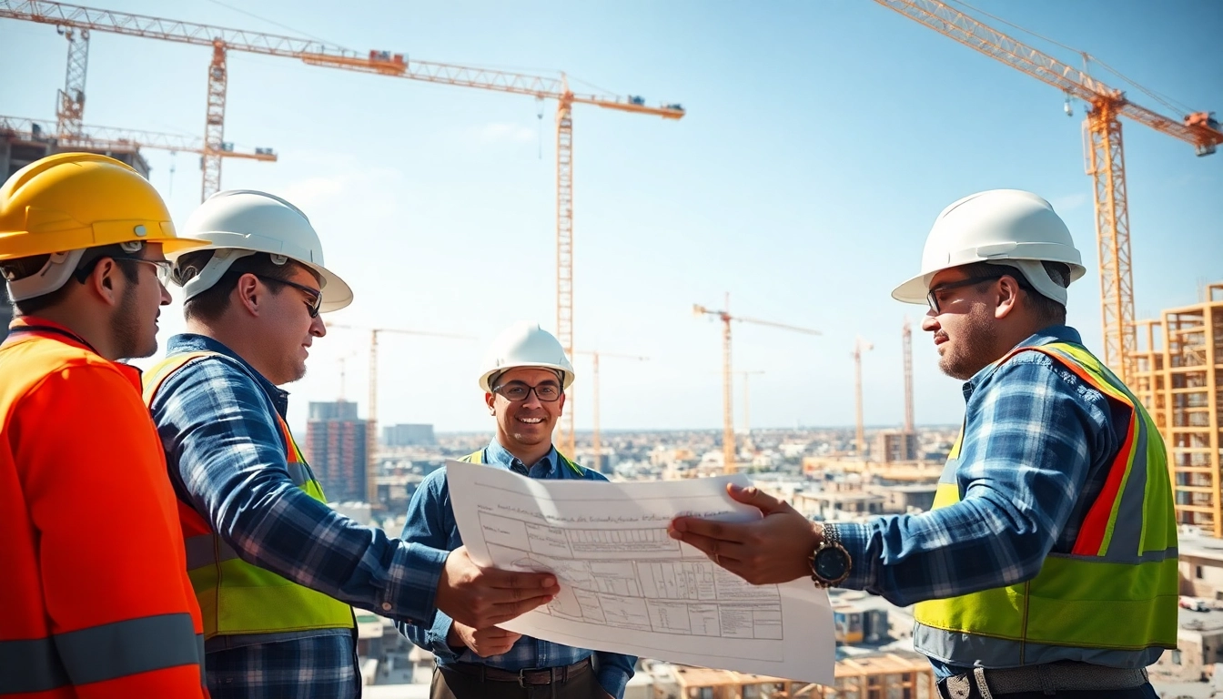 Construction association team coordinating on-site plans with building tools and blueprints.