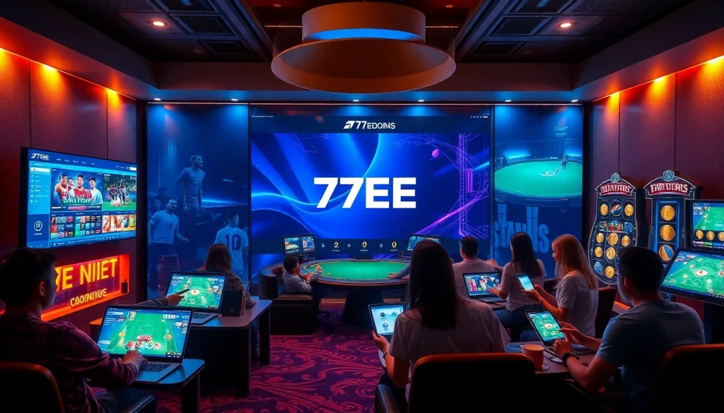 77EE platform showcasing diverse online betting and casino experiences, emphasizing security and excitement.