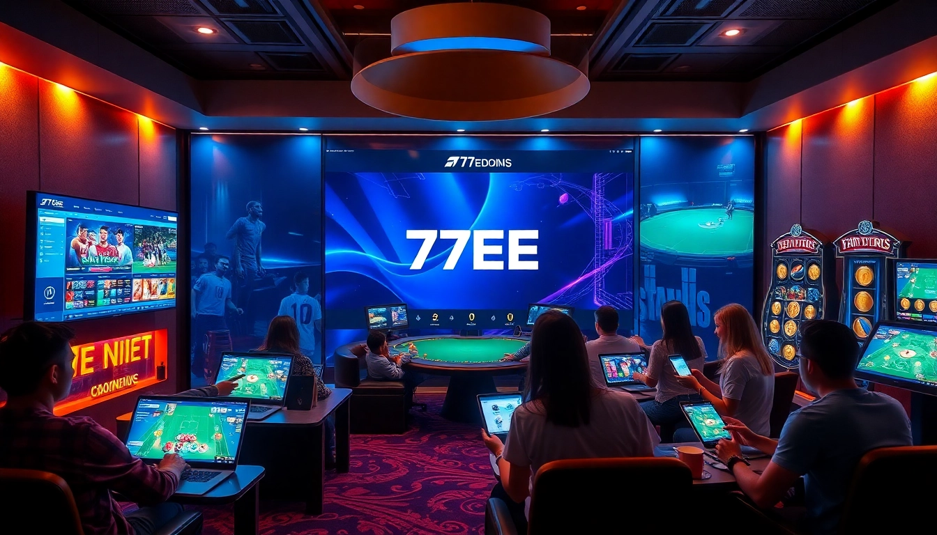 77EE platform showcasing diverse online betting and casino experiences, emphasizing security and excitement.