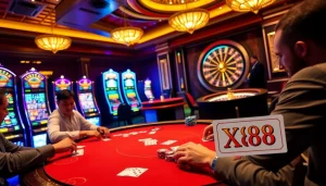 Engage in high-stakes gambling at the luxurious X88 poker table with vibrant slot machines.