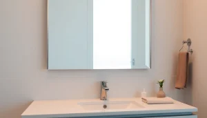 Showcasing an elegant bathroom mirror above a modern vanity, reflecting stylish decor.