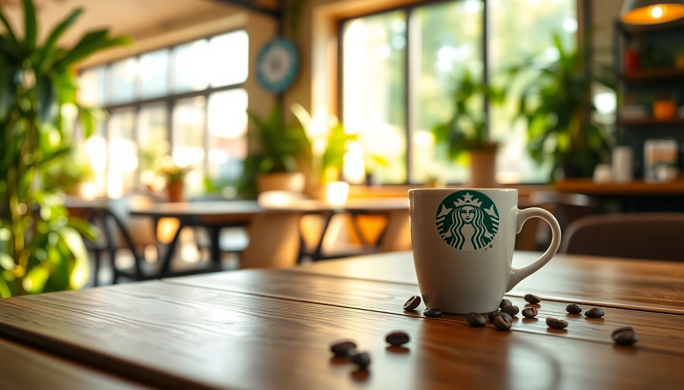 스타벅스 기프티콘이 놓인 아늑한 커피숍 테이블 모습