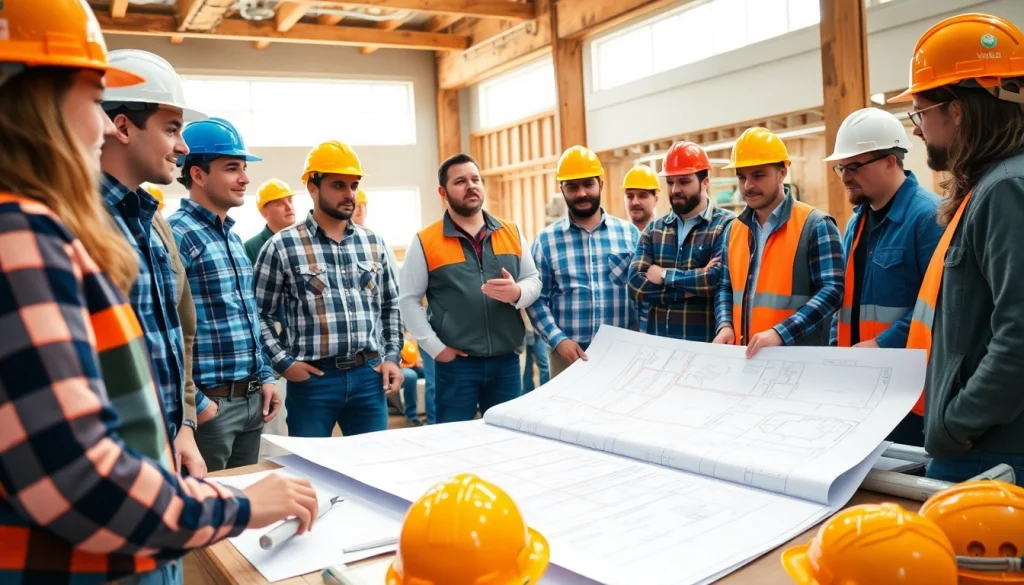 Construction association Wyoming members collaborating over plans, highlighting teamwork in the building industry.