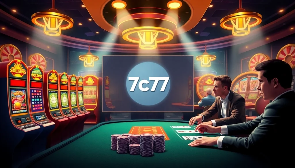 Exciting scene at 7c77 casino with vibrant slot machines and enthusiastic players.