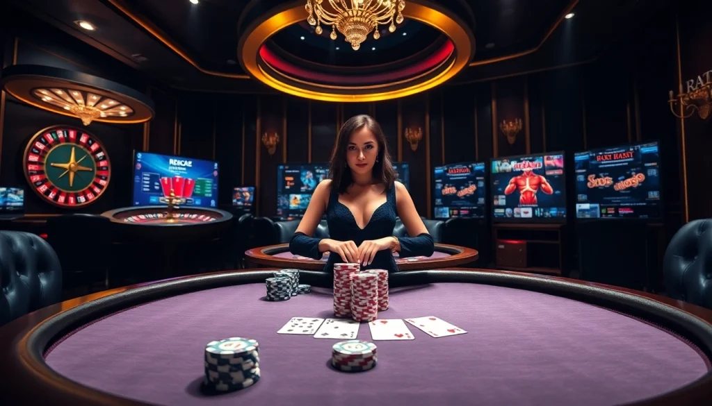 Experience high-stakes gaming at https://rr88co.net/ with a luxurious poker table and roulette wheel.