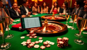 Experience the excitement of a VN168 casino scene with poker chips and roulette.