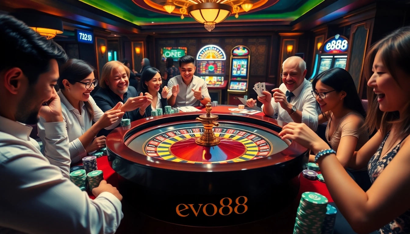 Experience the thrill of evo88 at a luxury casino with vibrant roulette and poker scenes.
