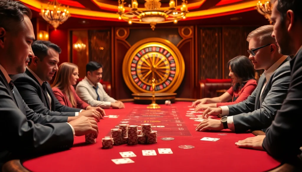 Players at a glamorous poker table strategizing for high-stakes gaming at Man88 casino.