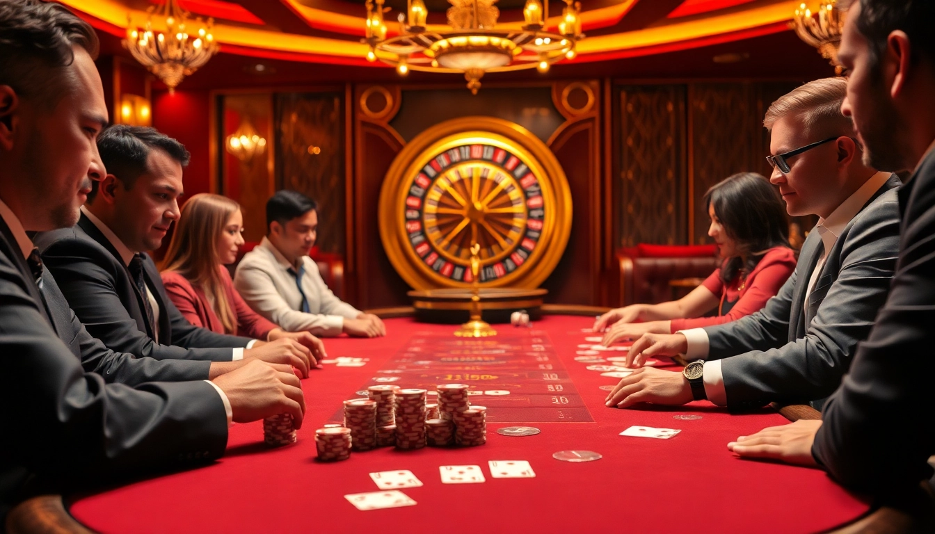 Players at a glamorous poker table strategizing for high-stakes gaming at Man88 casino.