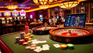 Exciting poker scene with colorful chips and vibrant slot machines, showcasing 88t gambling thrills.