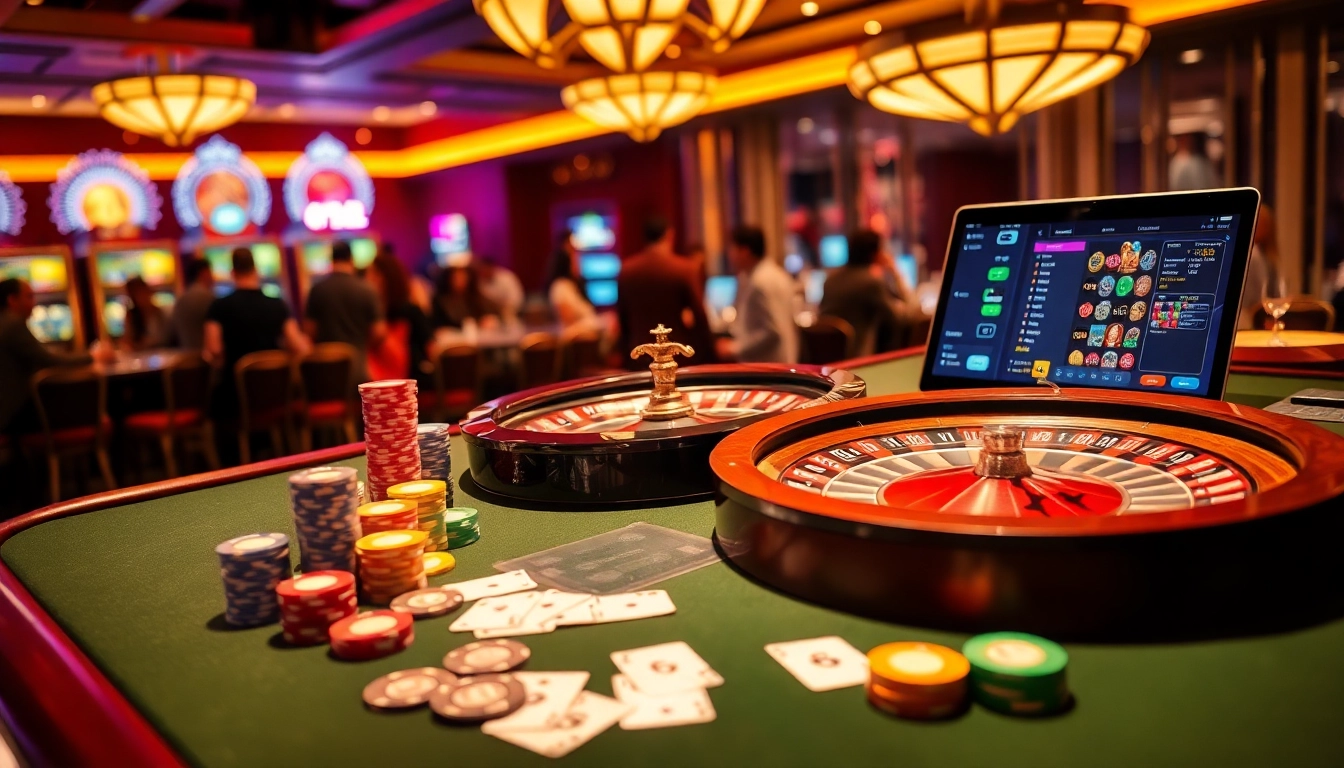 Exciting poker scene with colorful chips and vibrant slot machines, showcasing 88t gambling thrills.