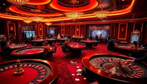 Engage in thrilling gaming at RR88 online casino, featuring poker chips, roulette wheels, and a vibrant atmosphere.