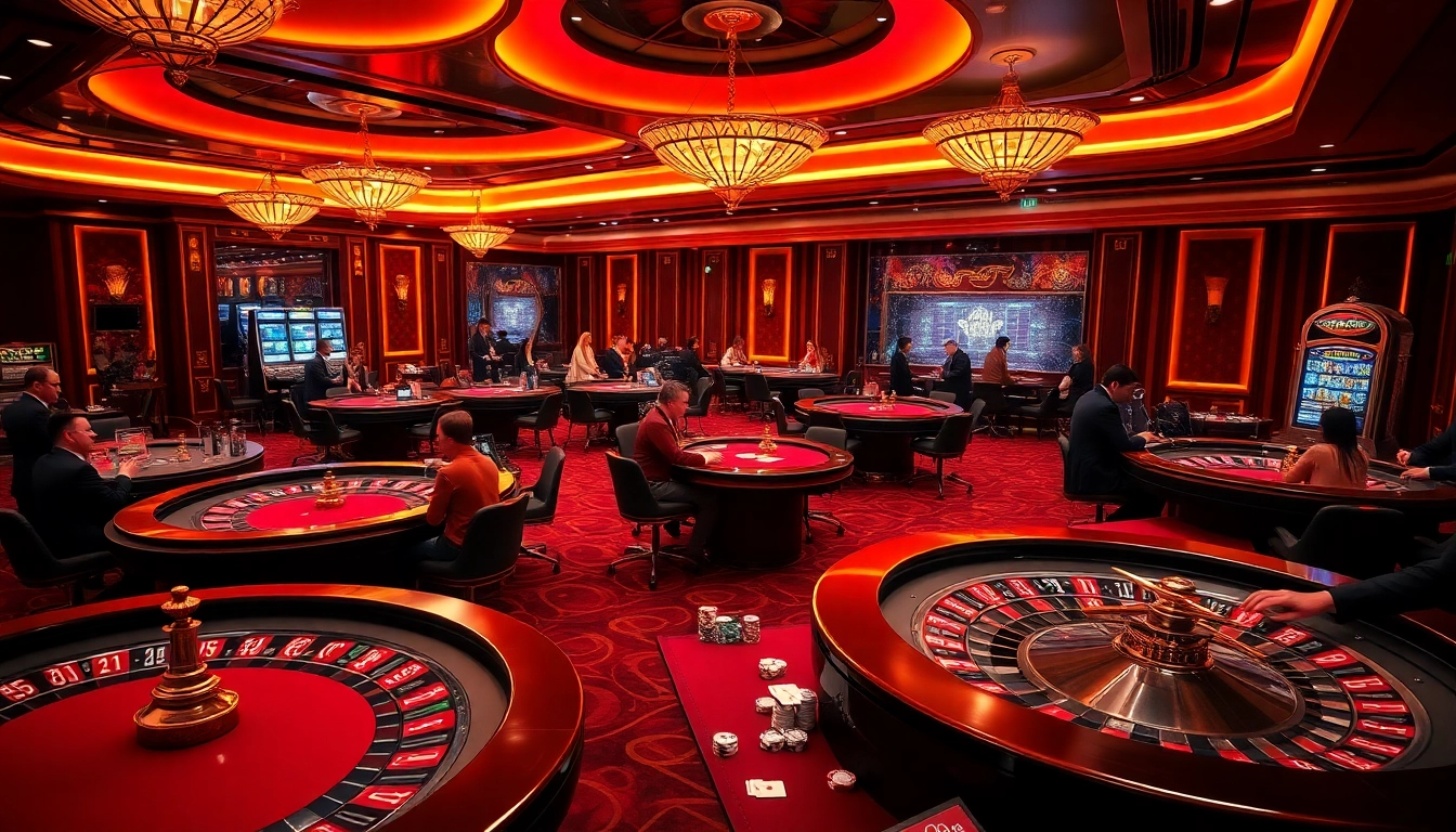 Engage in thrilling gaming at RR88 online casino, featuring poker chips, roulette wheels, and a vibrant atmosphere.
