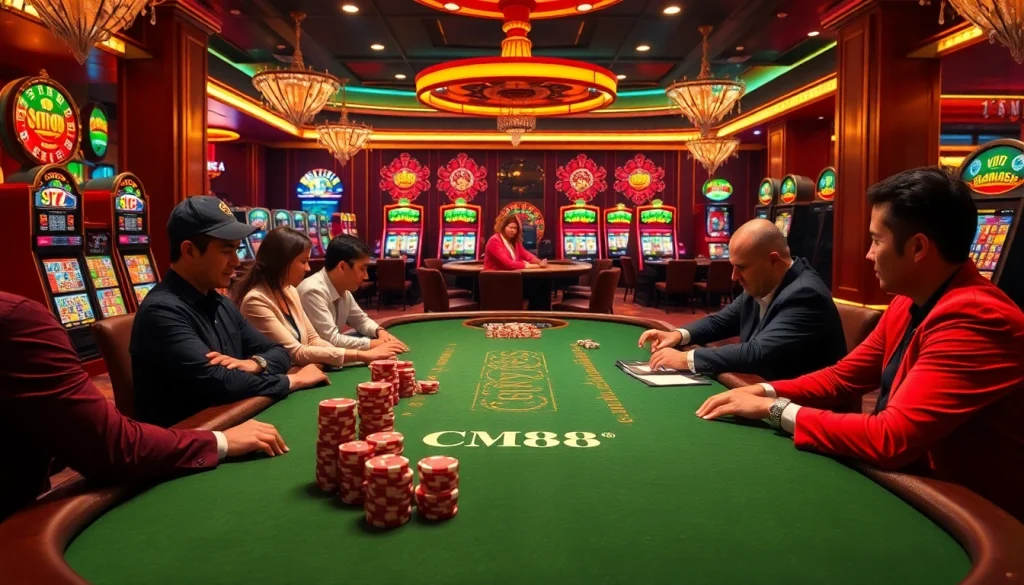 Exciting poker game scene at a casino showcasing CM88 with vibrant colors and luxury elements.