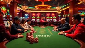 Exciting poker game scene at a casino showcasing CM88 with vibrant colors and luxury elements.
