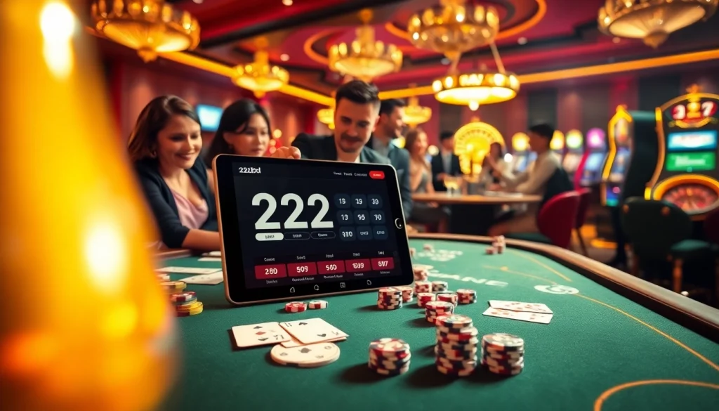Engaging players enjoying games on the 222bd casino platform surrounded by casino elements.