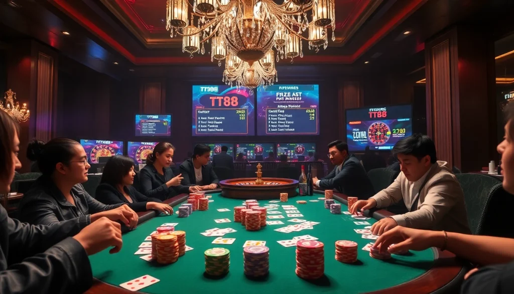 Experience the excitement of gambling with TT88 poker chips and vibrant casino elements, capturing anticipation and thrill.