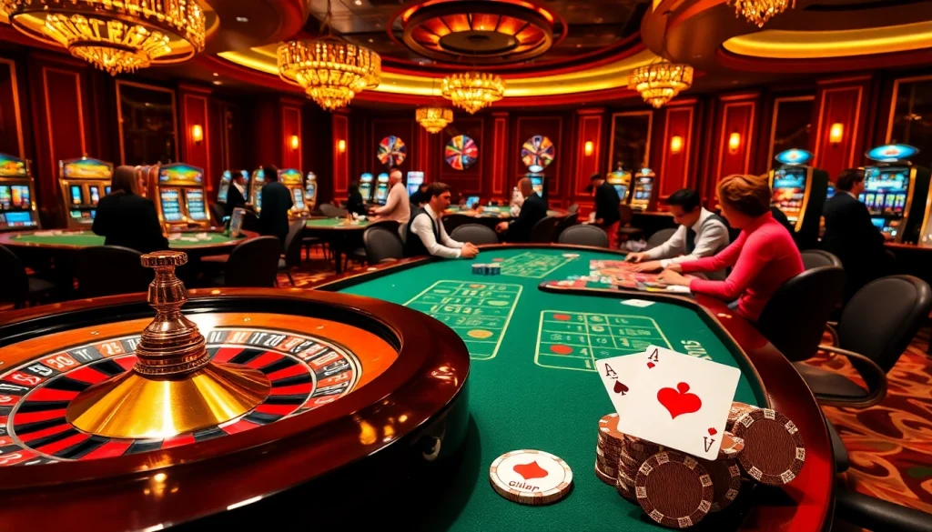 Engaged players enjoying a thrilling casino experience at gilajp, featuring roulette and poker.